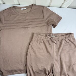 Wiholl Womens 2 Piece Lounge Set Taupe Brown Short Sleeve Top Wide Leg Pants L